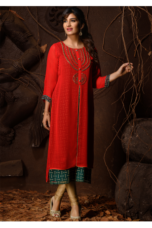 Red And Green Color Designer Georgette Kurti